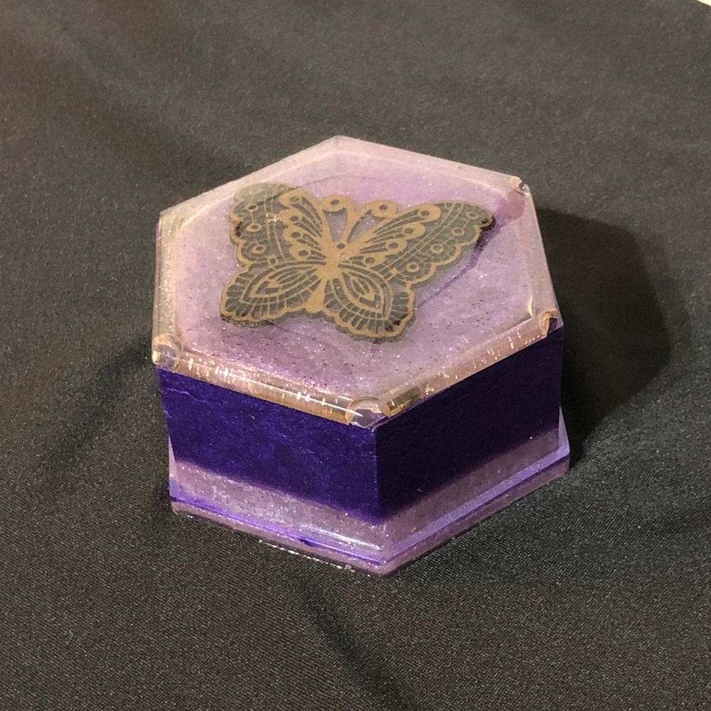 Purple Hexagonal Hand-Crafted Resin Trinket Box with encases wooden butterfly
